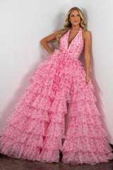 Princess A Line Halter Neck Pink Printed Tulle Long Prom Dress With Ruffles Formal Evening Gown