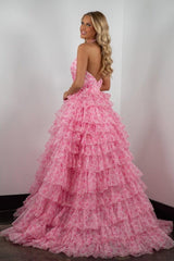Princess A Line Halter Neck Pink Printed Tulle Long Prom Dress With Ruffles Formal Evening Gown