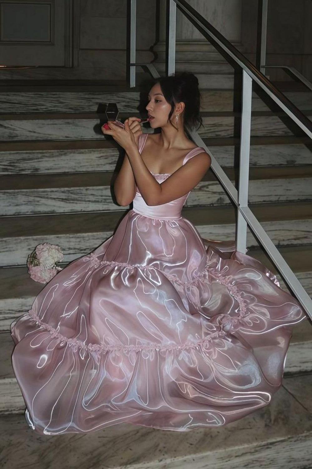 Princess A Line Spaghetti Straps Pink Long Prom Dress With Lace Ruffles Formal Evening Gown