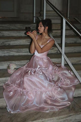 Princess A Line Spaghetti Straps Pink Long Prom Dress With Lace Ruffles Formal Evening Gown