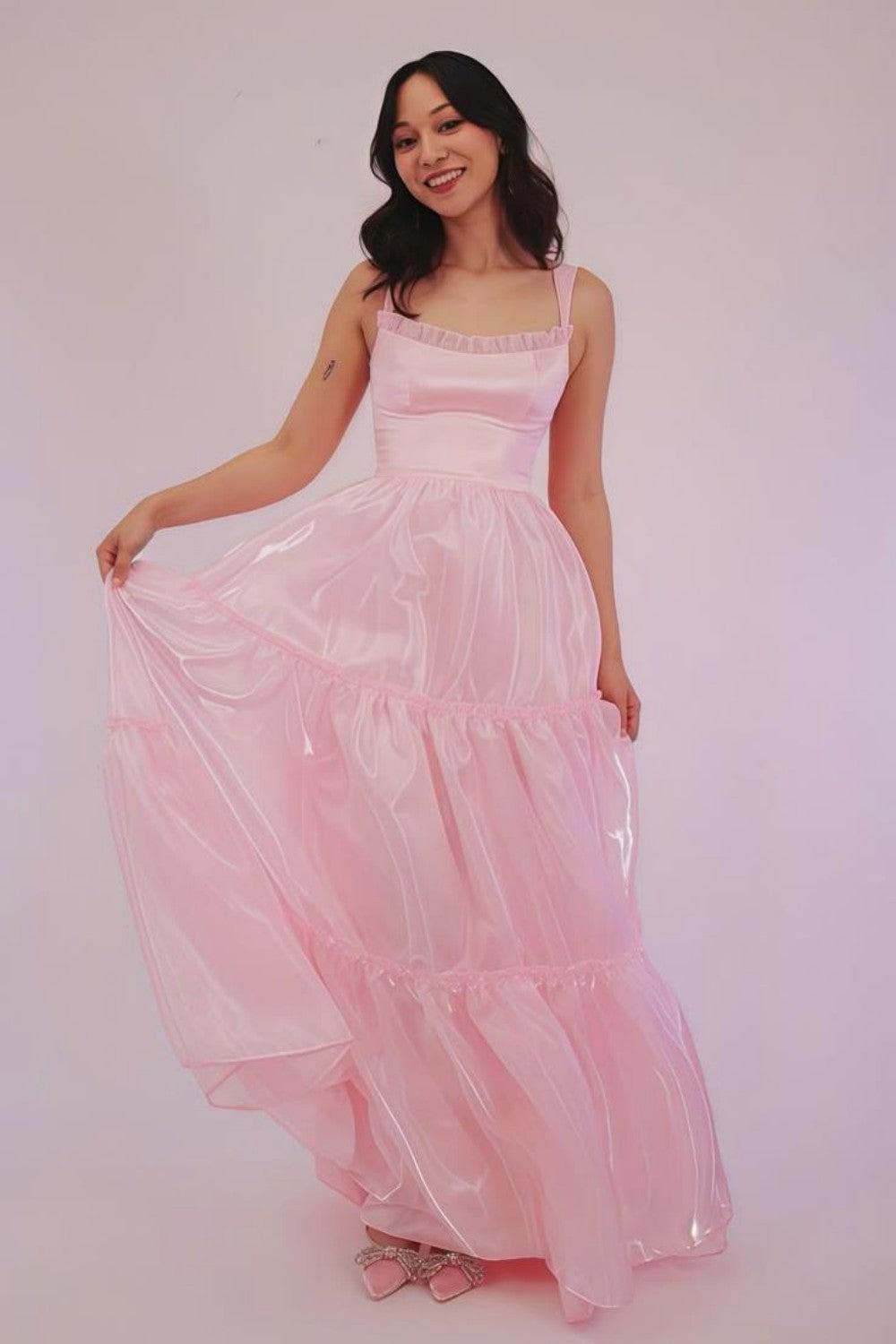 Princess A Line Spaghetti Straps Pink Long Prom Dress With Lace Ruffles Formal Evening Gown
