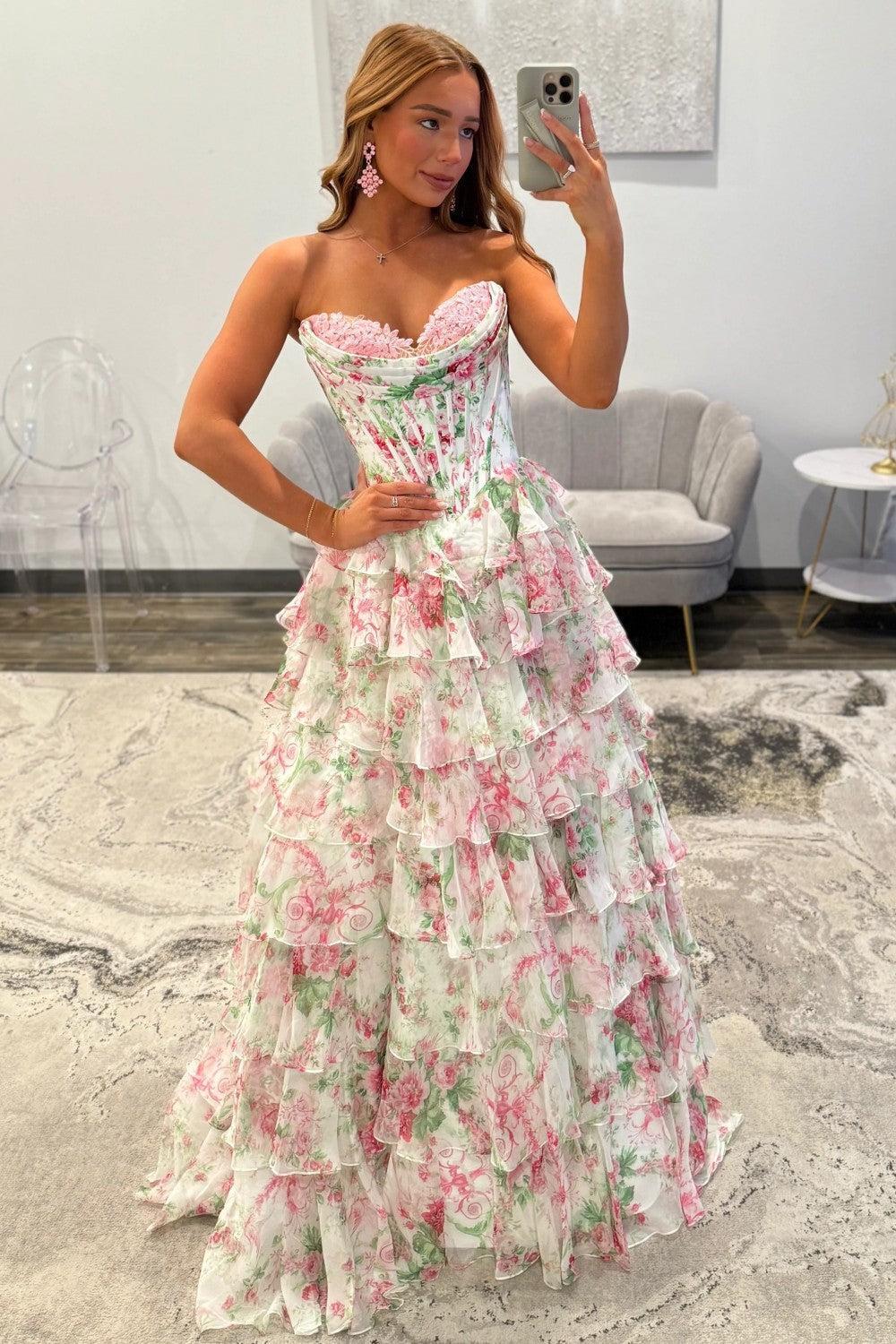 Princess A Line Sweetheart Pink Corset Prom Dress With Ruffles Appliques Formal Evening Gown