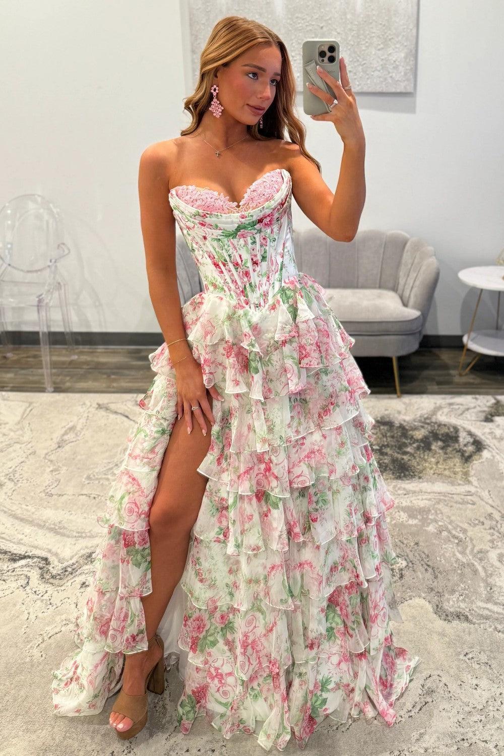 Princess A Line Sweetheart Pink Corset Prom Dress With Ruffles Appliques Formal Evening Gown