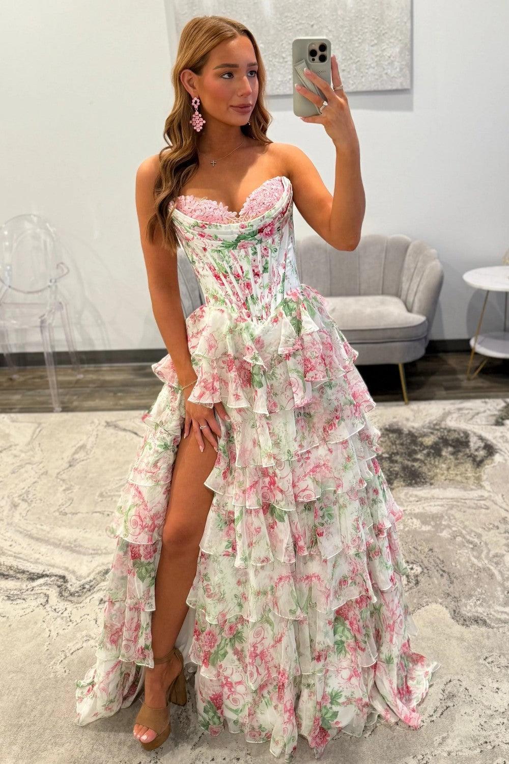 Princess A Line Sweetheart Pink Corset Prom Dress With Ruffles Appliques Formal Evening Gown