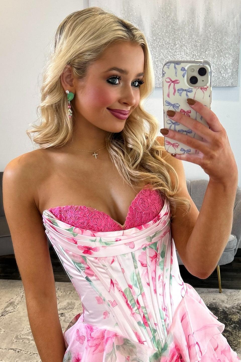 Princess A Line Sweetheart Pink Corset Prom Dress With Ruffles Appliques Formal Evening Gown