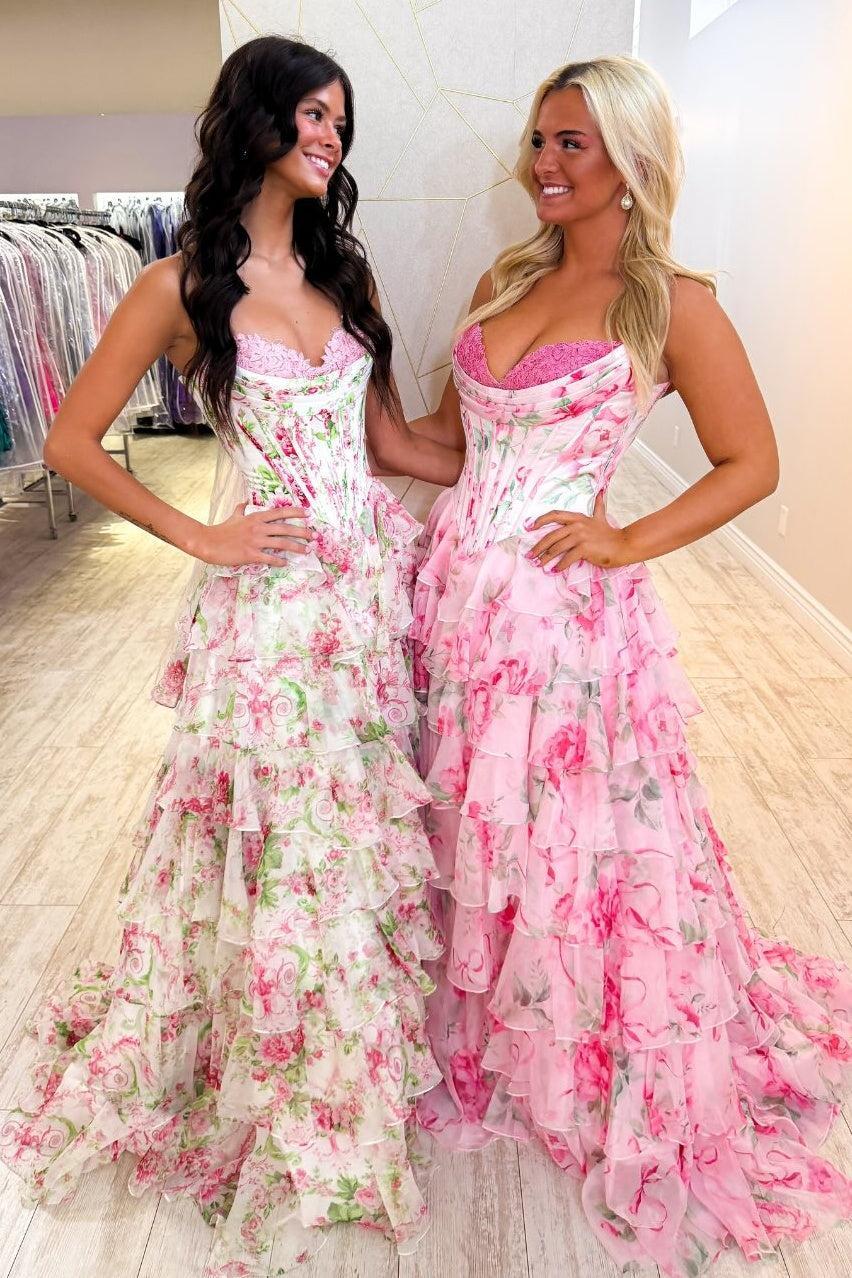 Princess A Line Sweetheart Pink Corset Prom Dress With Ruffles Appliques Formal Evening Gown