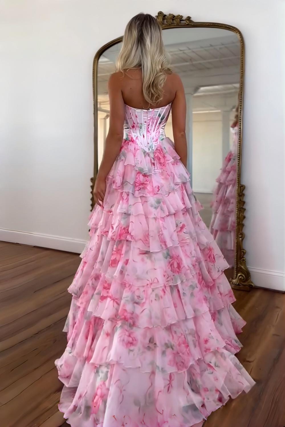 Princess A Line Sweetheart Pink Corset Prom Dress With Ruffles Appliques Formal Evening Gown