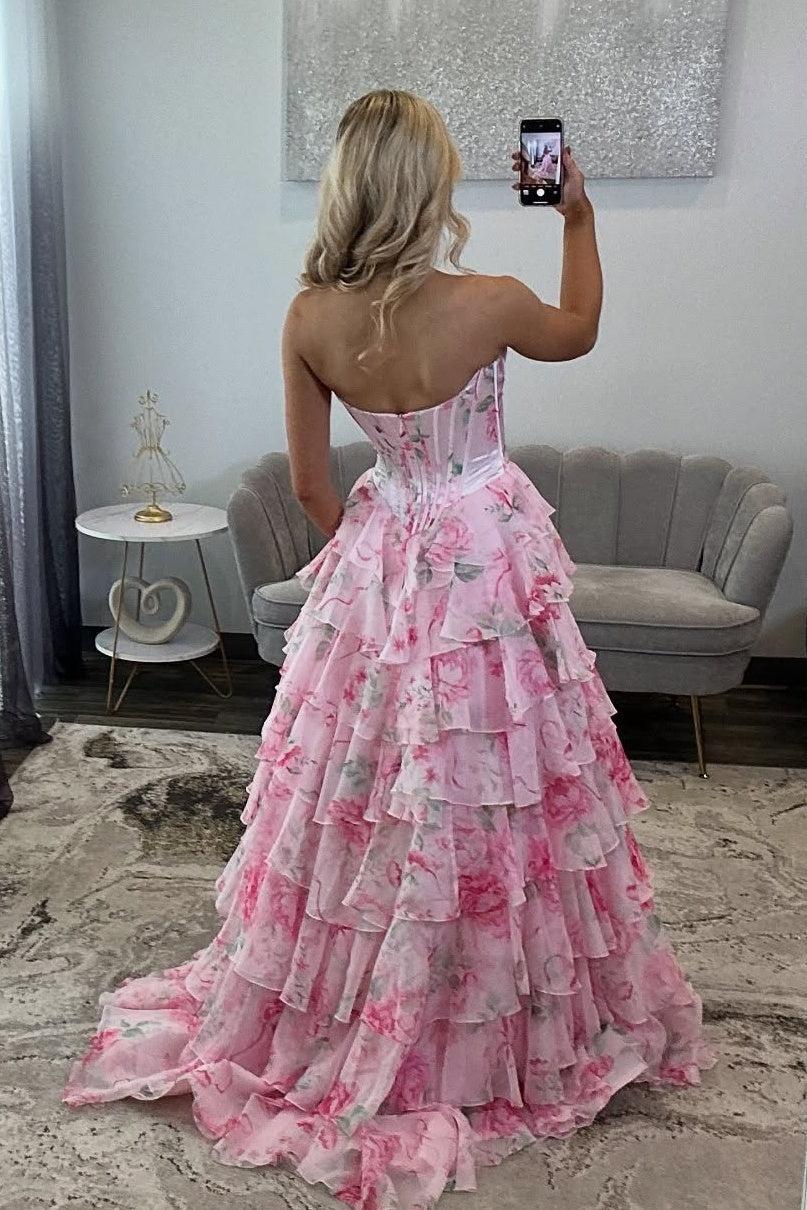 Princess A Line Sweetheart Pink Corset Prom Dress With Ruffles Appliques Formal Evening Gown
