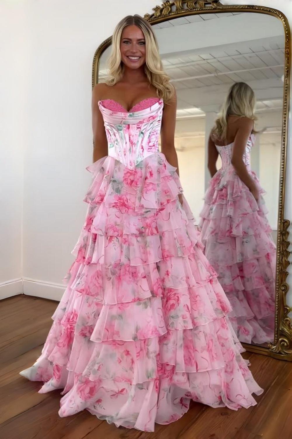 Princess A Line Sweetheart Pink Corset Prom Dress With Ruffles Appliques Formal Evening Gown