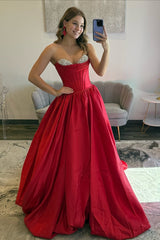 Princess A Line Sweetheart Red Corset Prom Dress With Beading Formal Evening Gown