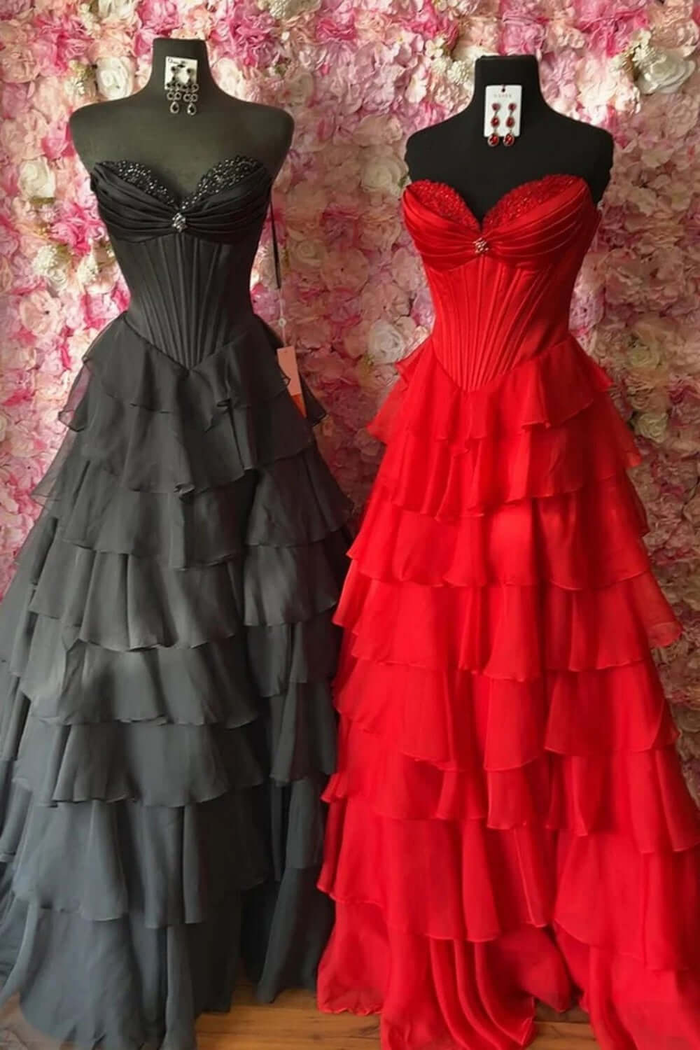 Dreamyannie Red Prom Dress Ruffled Sweetheart A Line Chiffon Formal Dress With Lace