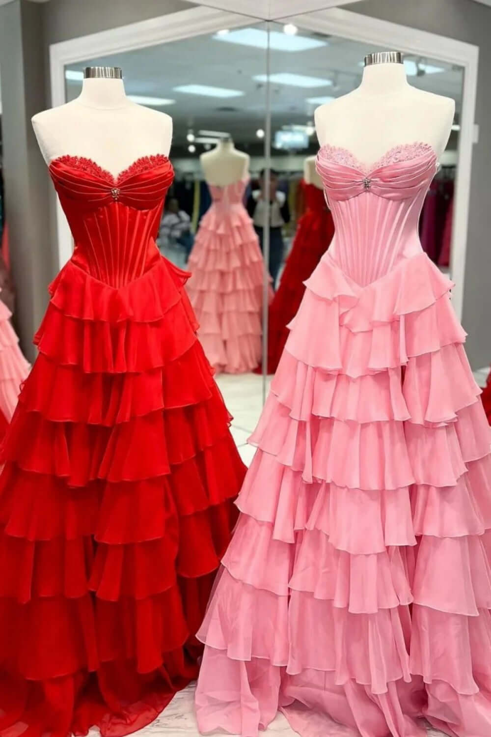 Dreamyannie Red Prom Dress Ruffled Sweetheart A Line Chiffon Formal Dress With Lace