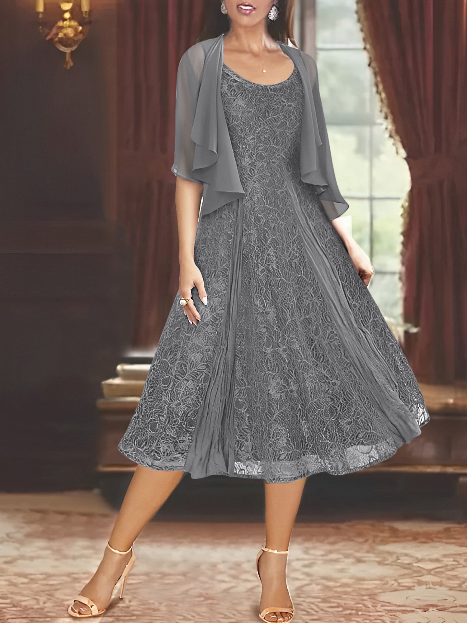 A Line Tea Length Mother of the Bride Dress with Scoop Neck Half Sleev