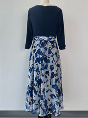 A Line V Neck Floral Mother of the Bride Dress with 3/4 Sleeves and Ankle Length