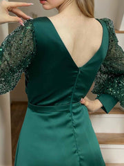 A line V neck Long Mother of the Bride Dress with Long Sleeves Sequins and Ruffles