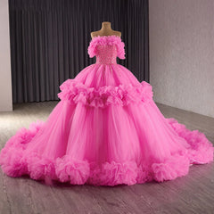 Pink Off the Shoulder Evening Dress Ball Gown Lace Up Beaded Prom Dress