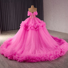 Pink Off the Shoulder Evening Dress Ball Gown Lace Up Beaded Prom Dress