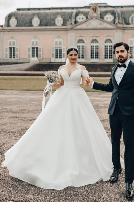 Princess White Wedding Dress Off The Shoulder A Line V Neck Organza Satin Bridal Gown