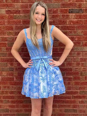 Print A Line Floral Corset Homecoming Dress With Bow