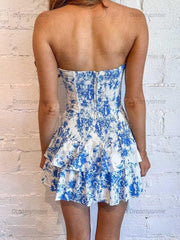 Print Strapless Ruffles Sleeveless Short Homecoming Dress