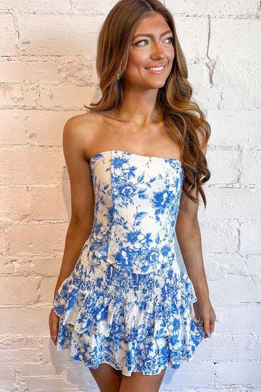 Print Strapless Ruffles Sleeveless Short Homecoming Dress