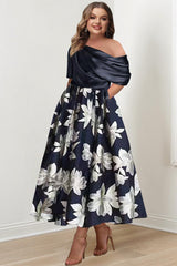 Printed Flower Plus Size Mother of the Bride A Line One Shoulder Dress