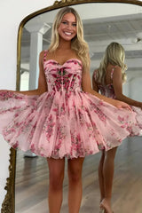 Printing Chiffon Boned Sweetheart Mini Ball Gown Homecoming Dress