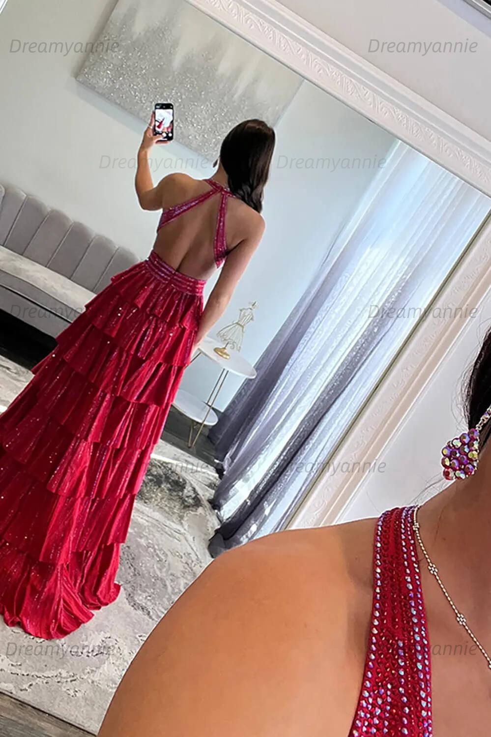 Dreamyannie Halter Grey Prom Dress Tiered A-Line Long Formal Dress With Slit