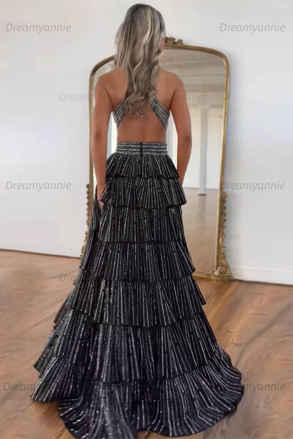 Dreamyannie Halter Grey Prom Dress Tiered A-Line Long Formal Dress With Slit