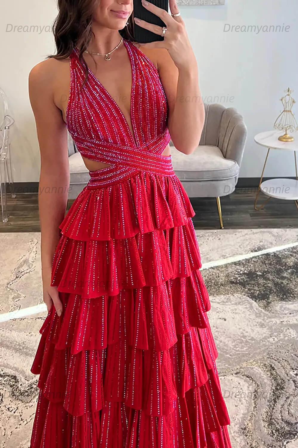 Dreamyannie Halter Grey Prom Dress Tiered A-Line Long Formal Dress With Slit