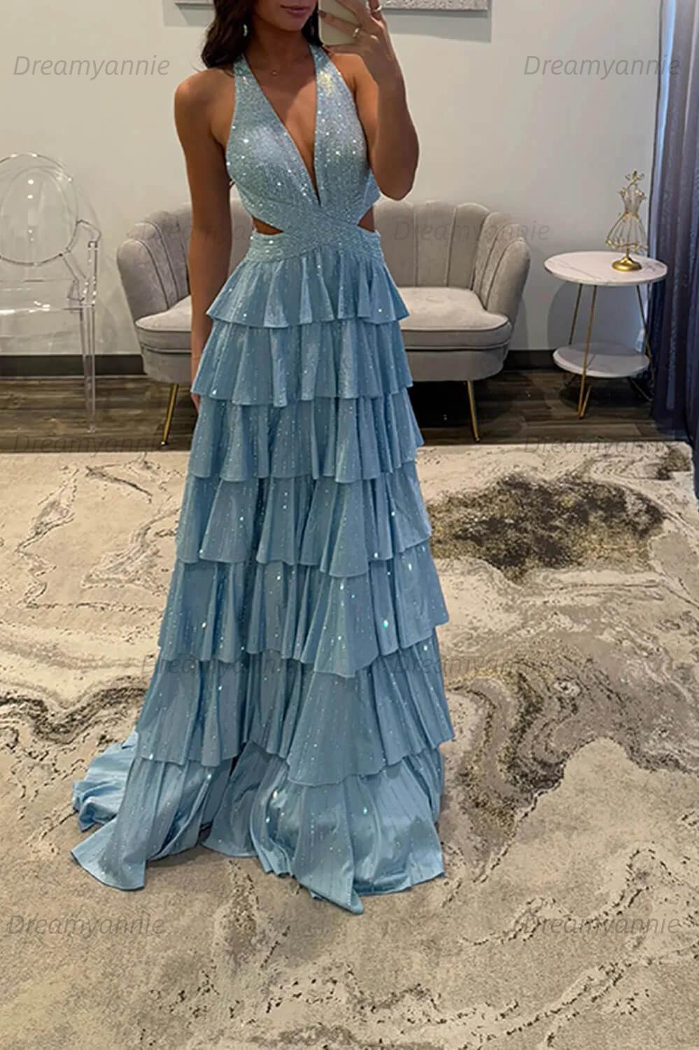 Dreamyannie Halter Grey Prom Dress Tiered A-Line Long Formal Dress With Slit