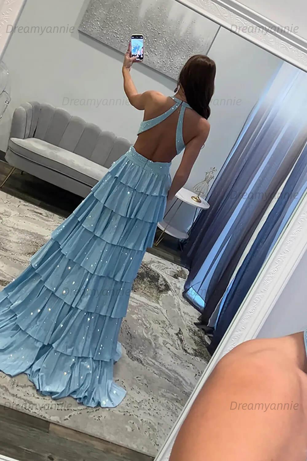 Dreamyannie Halter Grey Prom Dress Tiered A-Line Long Formal Dress With Slit