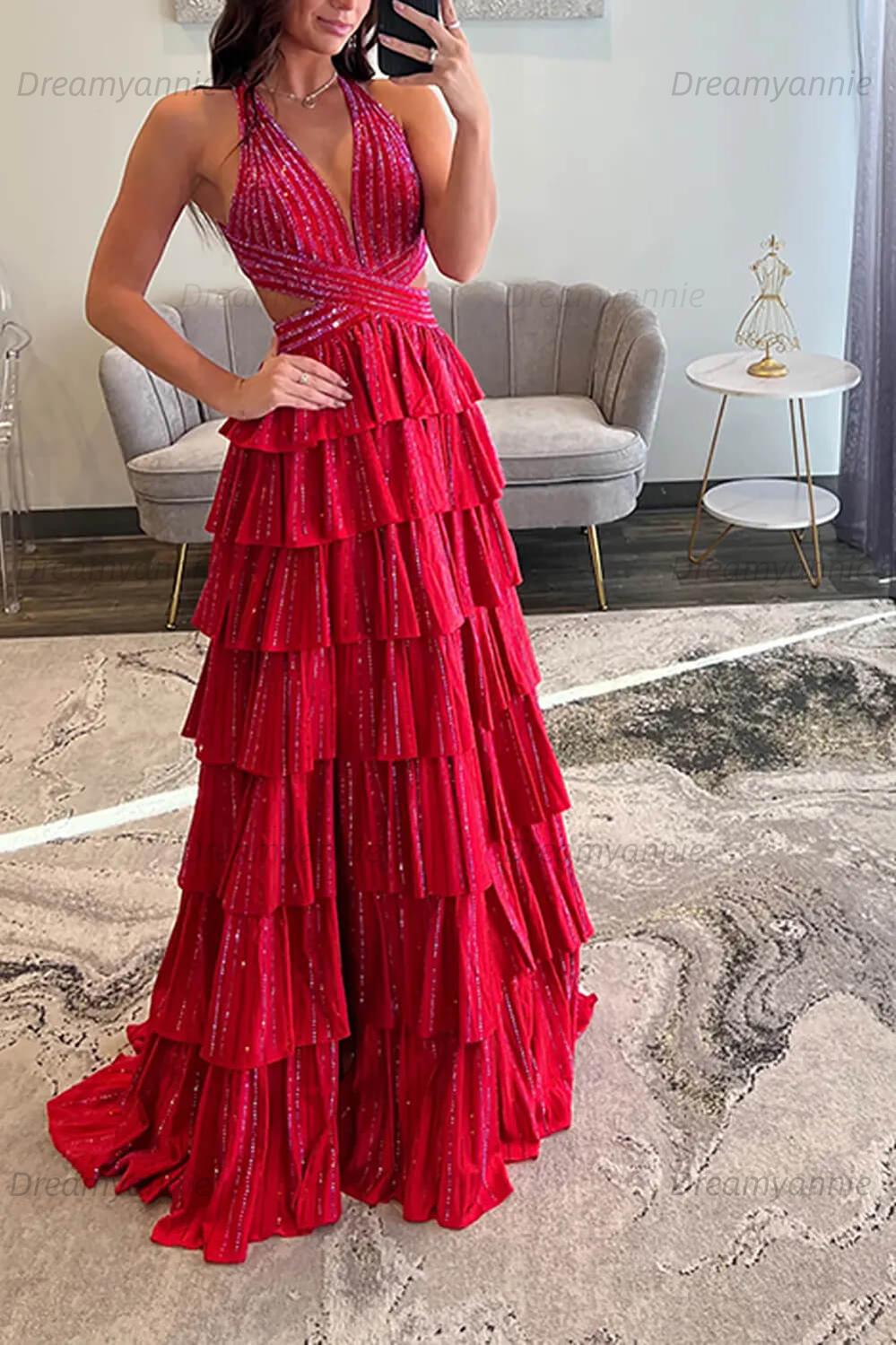 Dreamyannie Halter Grey Prom Dress Tiered A-Line Long Formal Dress With Slit