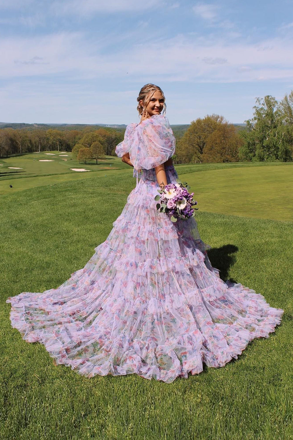 Puff Sleeves Prom Dress Printed Blush Long Evening Dress with Slit