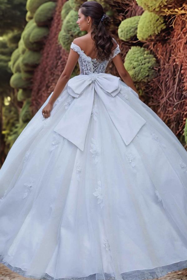 Purely Ball Gown Off Shoulder Sleeveless Beaded 3D Flower Appliques Lace Up Bow Knot White Tulle Quinceanera Dress Formal Evening Party Gown For Sweet 16