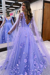 Purple A Line Long Prom Dress with 3D Flowers