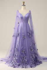 Purple A Line Long Prom Dress with 3D Flowers