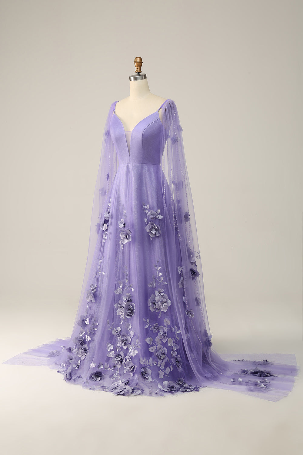 Purple A Line Long Prom Dress with 3D Flowers