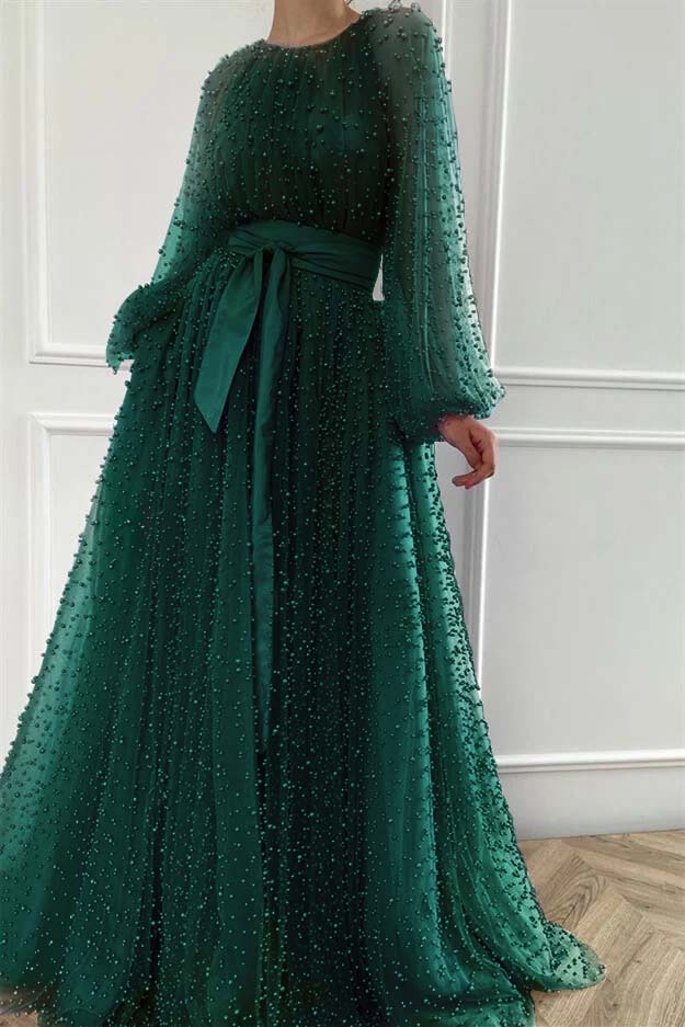 Purple A Line Prom Dress Long Sleeve Beaded Formal Dress