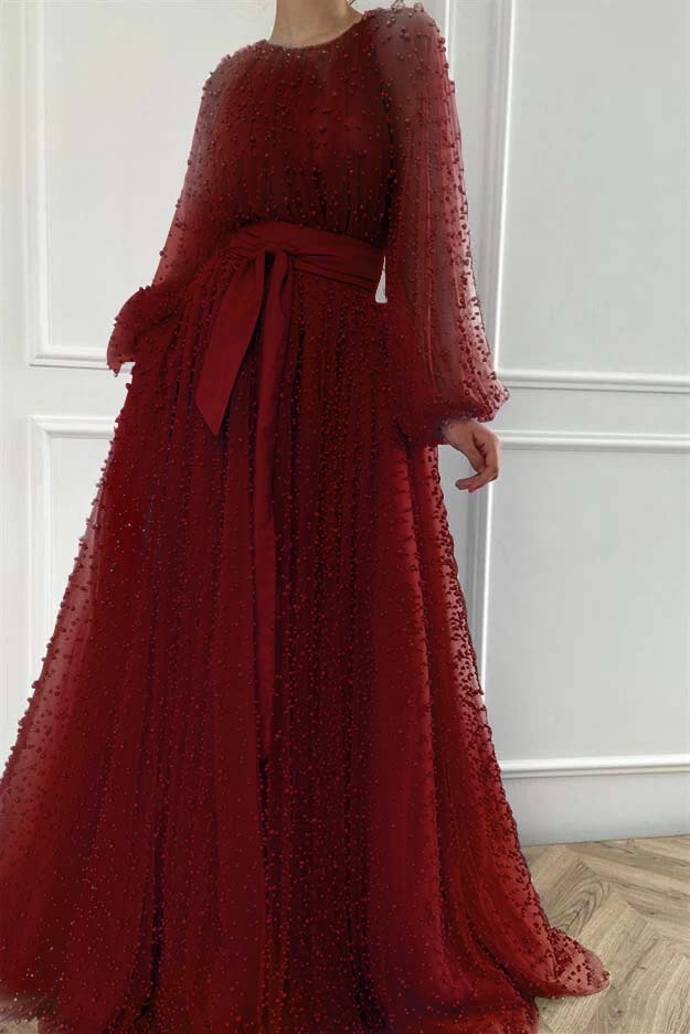 Purple A Line Prom Dress Long Sleeve Beaded Formal Dress