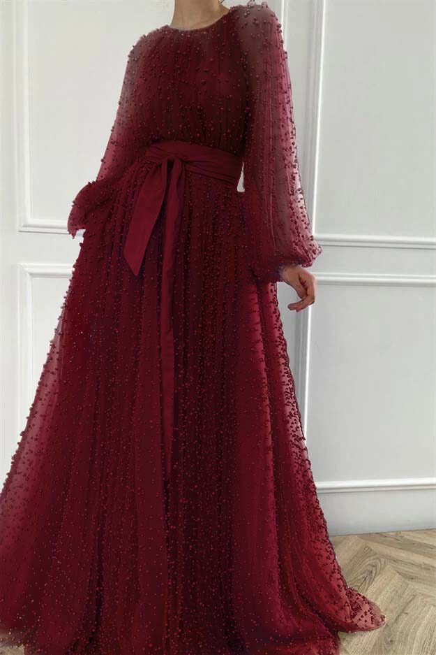 Purple A Line Prom Dress Long Sleeve Beaded Formal Dress