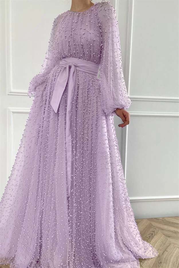 Purple A Line Prom Dress Long Sleeve Beaded Formal Dress