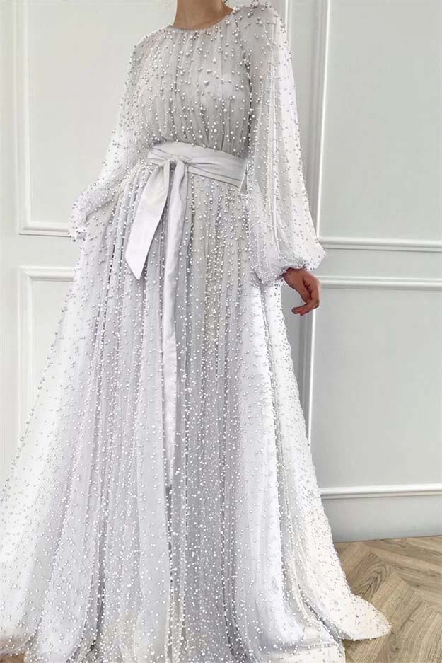Purple A Line Prom Dress Long Sleeve Beaded Formal Dress
