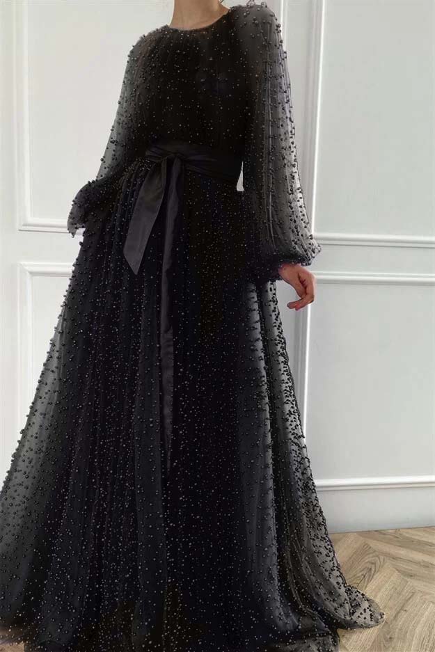 Purple A Line Prom Dress Long Sleeve Beaded Formal Dress