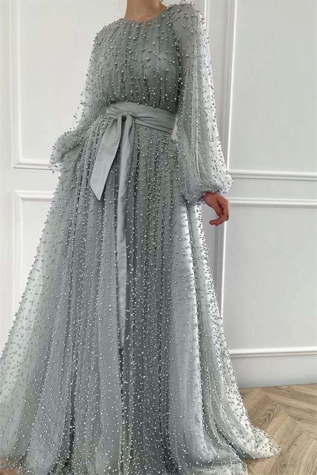 Purple A Line Prom Dress Long Sleeve Beaded Formal Dress