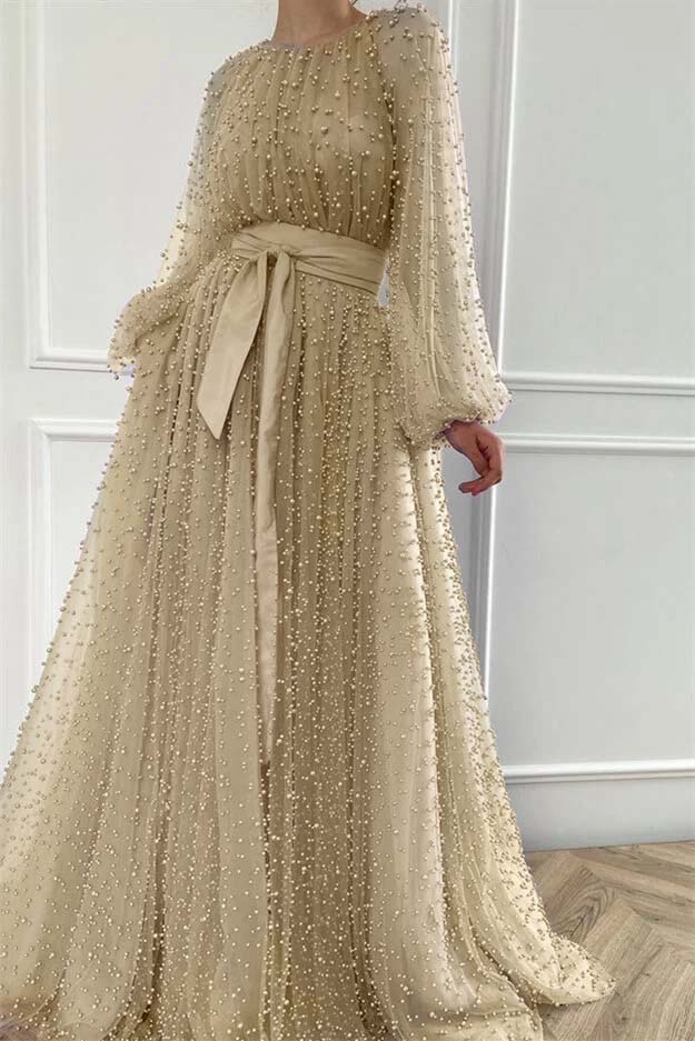 Purple A Line Prom Dress Long Sleeve Beaded Formal Dress
