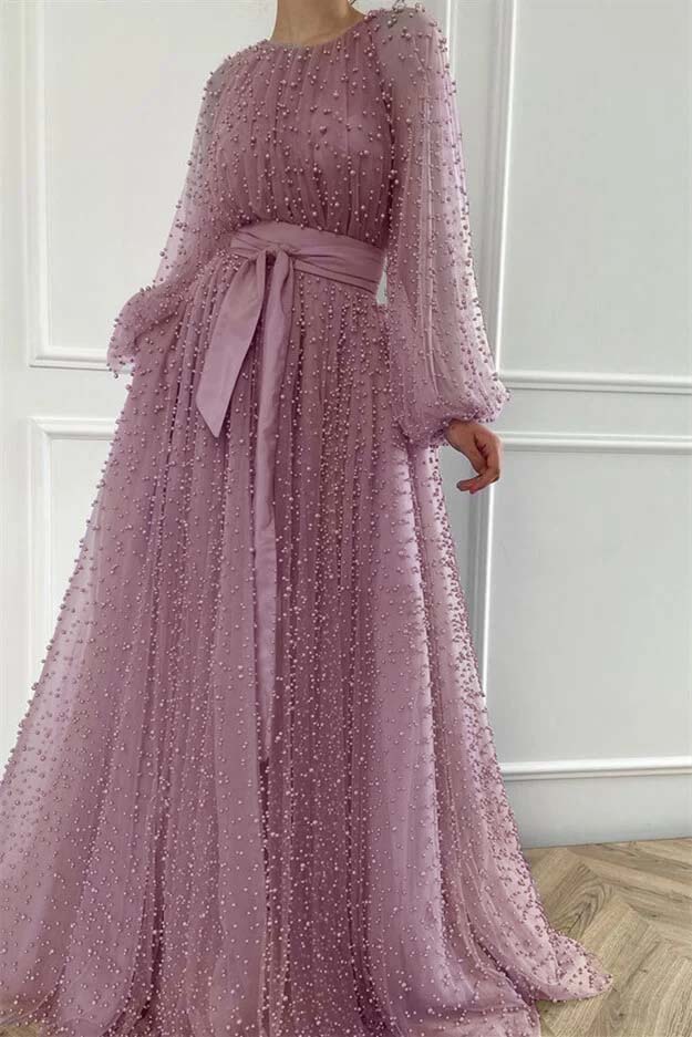 Purple A Line Prom Dress Long Sleeve Beaded Formal Dress