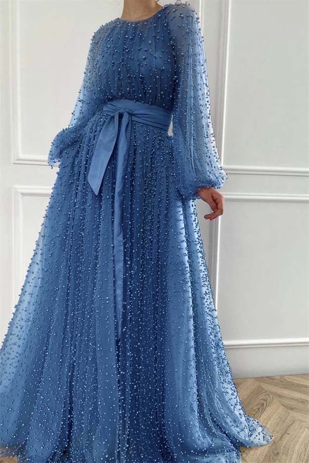 Purple A Line Prom Dress Long Sleeve Beaded Formal Dress