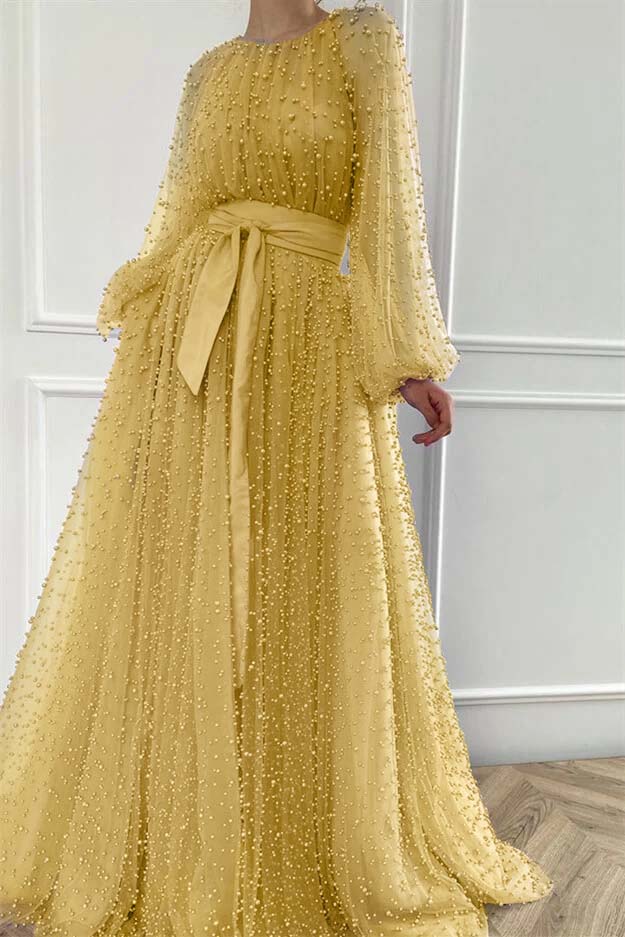 Purple A Line Prom Dress Long Sleeve Beaded Formal Dress