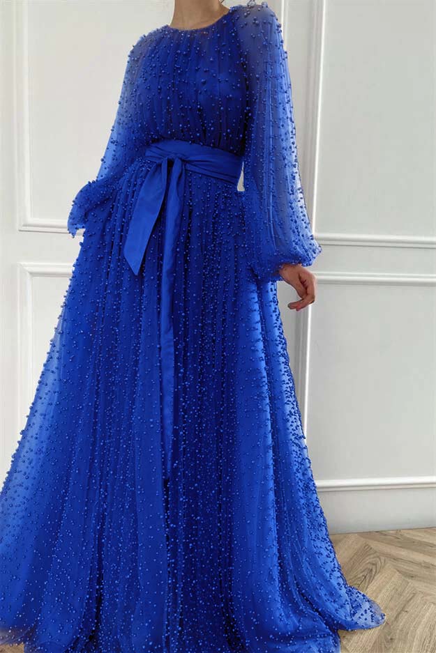 Purple A Line Prom Dress Long Sleeve Beaded Formal Dress